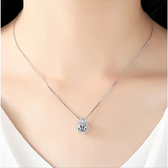 Silver Moissanite Tear Drop Pendant Necklace - Picture 1 of 5